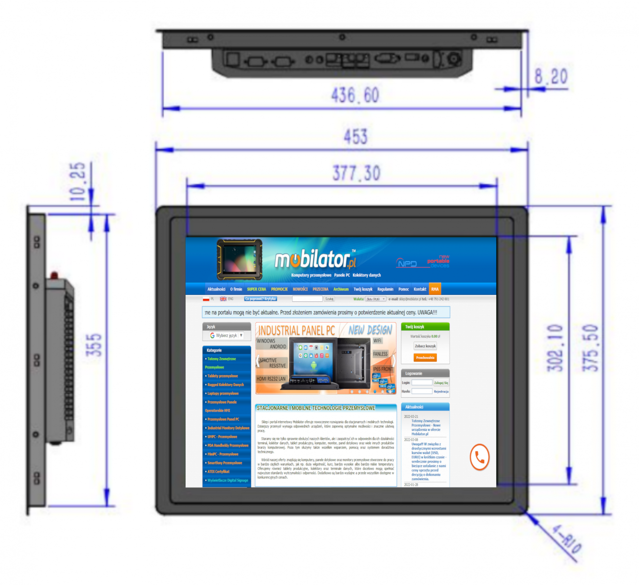 BIBOX-190PC1 wymiary wydajnego komputera panelowego 