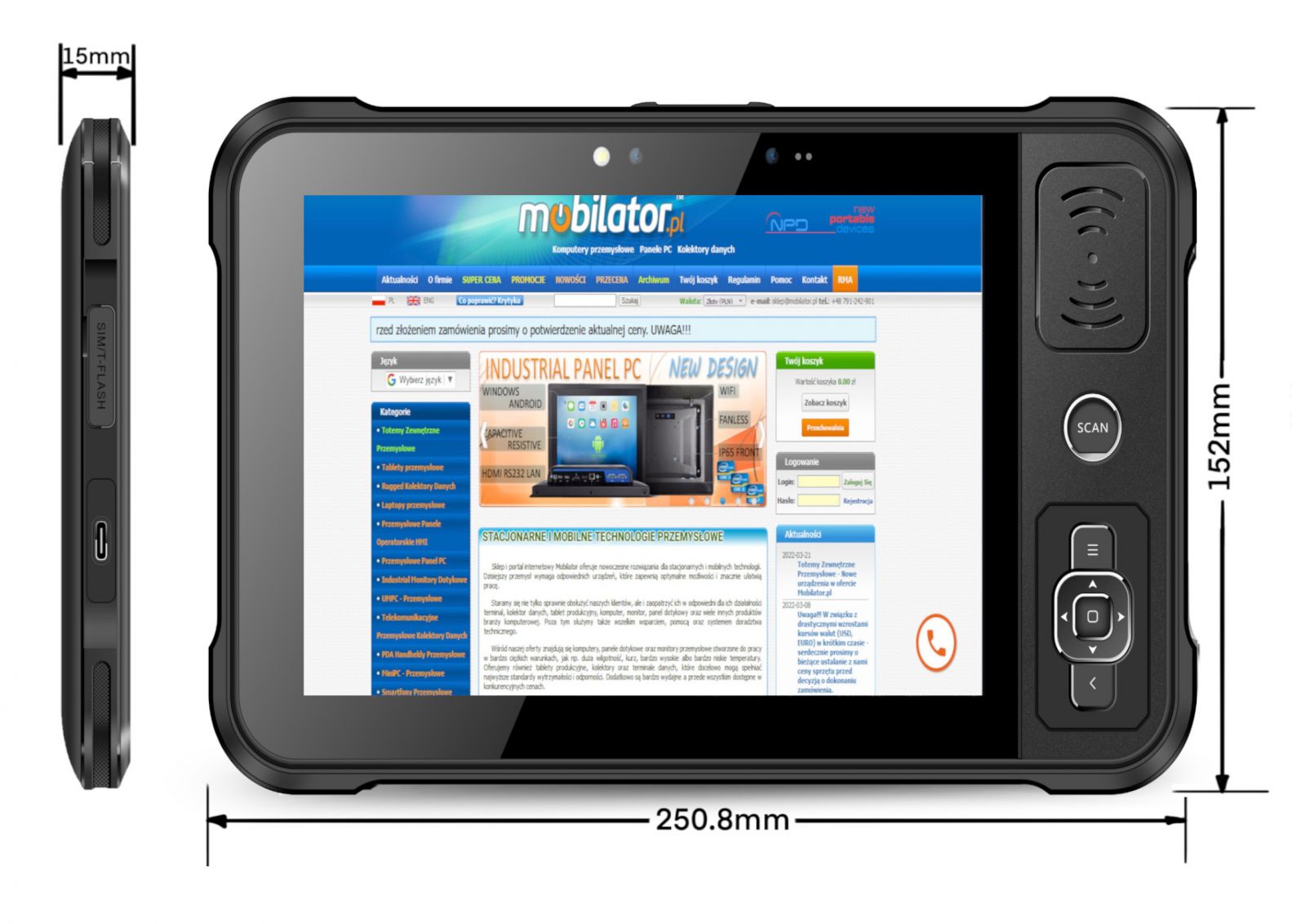 tablet przemysowy  P80-PE wymiary wraz z klawiszami kierunkowymi