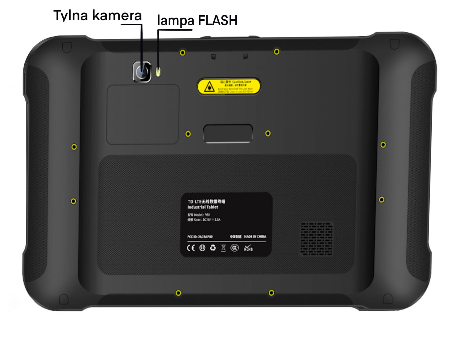 widok z tyu tablet P80-PE wraz z kamer i lamp FLASH