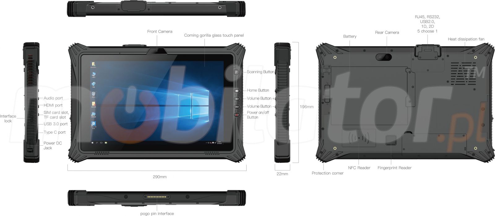 Wodoodporny 10.1-calowy tablet z procesorem Intel I7, z NFC, skanerem kodw kreskowych 2D, pamici 16GB RAM, Windows 10 PRO, Bluetooth 4.2 - Emdoor I10U v.16