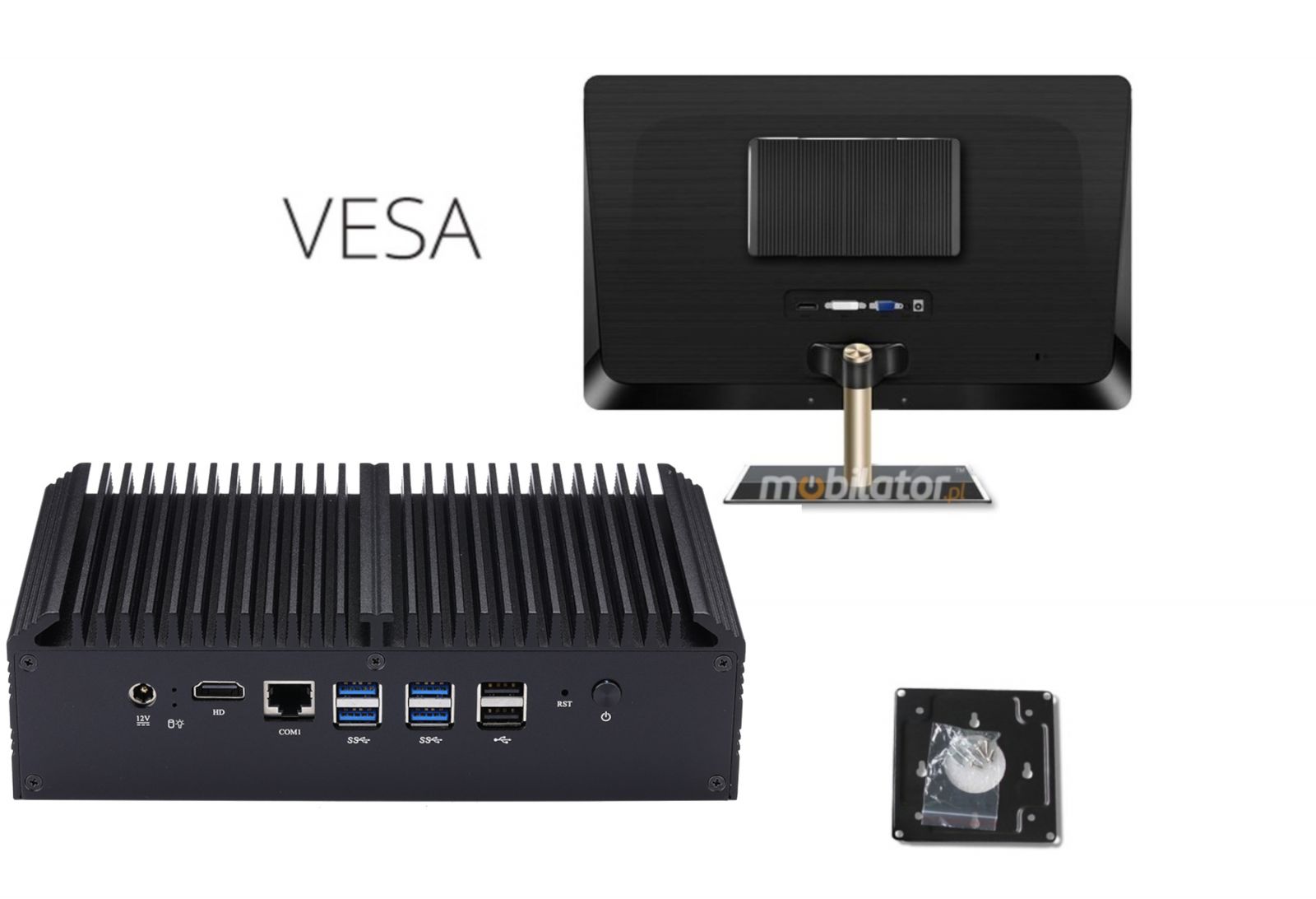porczny uchwyt VESA wspomaga zamontowanie Q838GE na powierzchniach maszyn