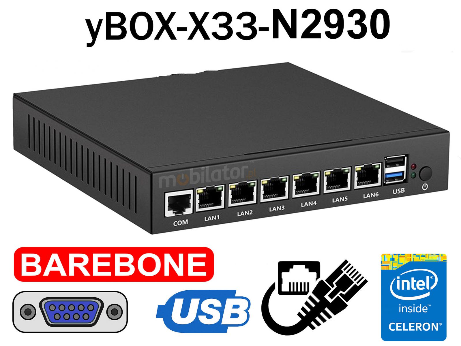 Wzmocniony budetowy Komputer Przemysowy bezwentylatorowy  MiniPC yBOX-X33-(6LAN)-N2930 Barebone