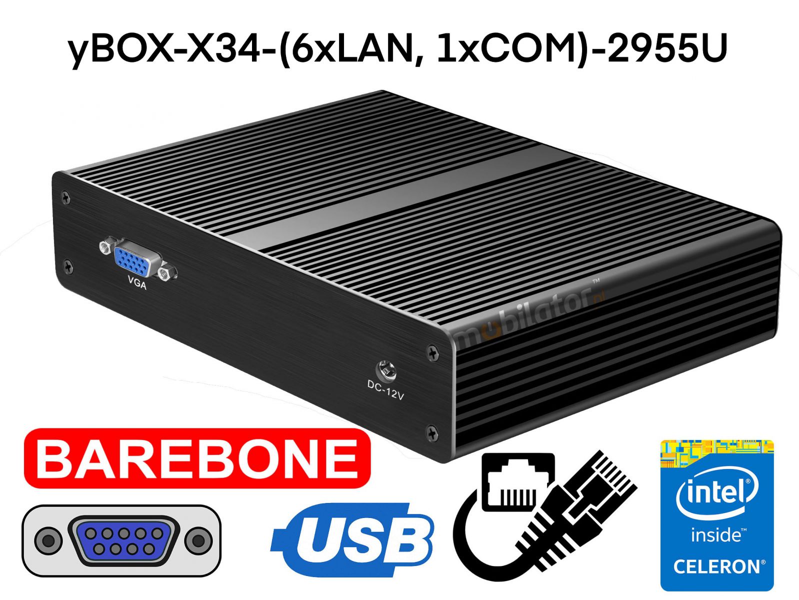May budetowy wzmocniony Komputer Przemysowy Fanless MiniPC yBOX-X34-(6xLAN, 1xCOM)-2955U Barebone