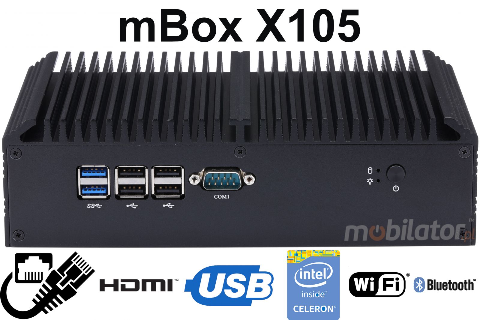 mBox X105 v.5 - Mini PC z dyskiem HDD o pojemnoci 500GB z Wifi + Bluetooth, z 4-roma portami USB 3.0 (6x RS-232) - Obrazek tytuowy
