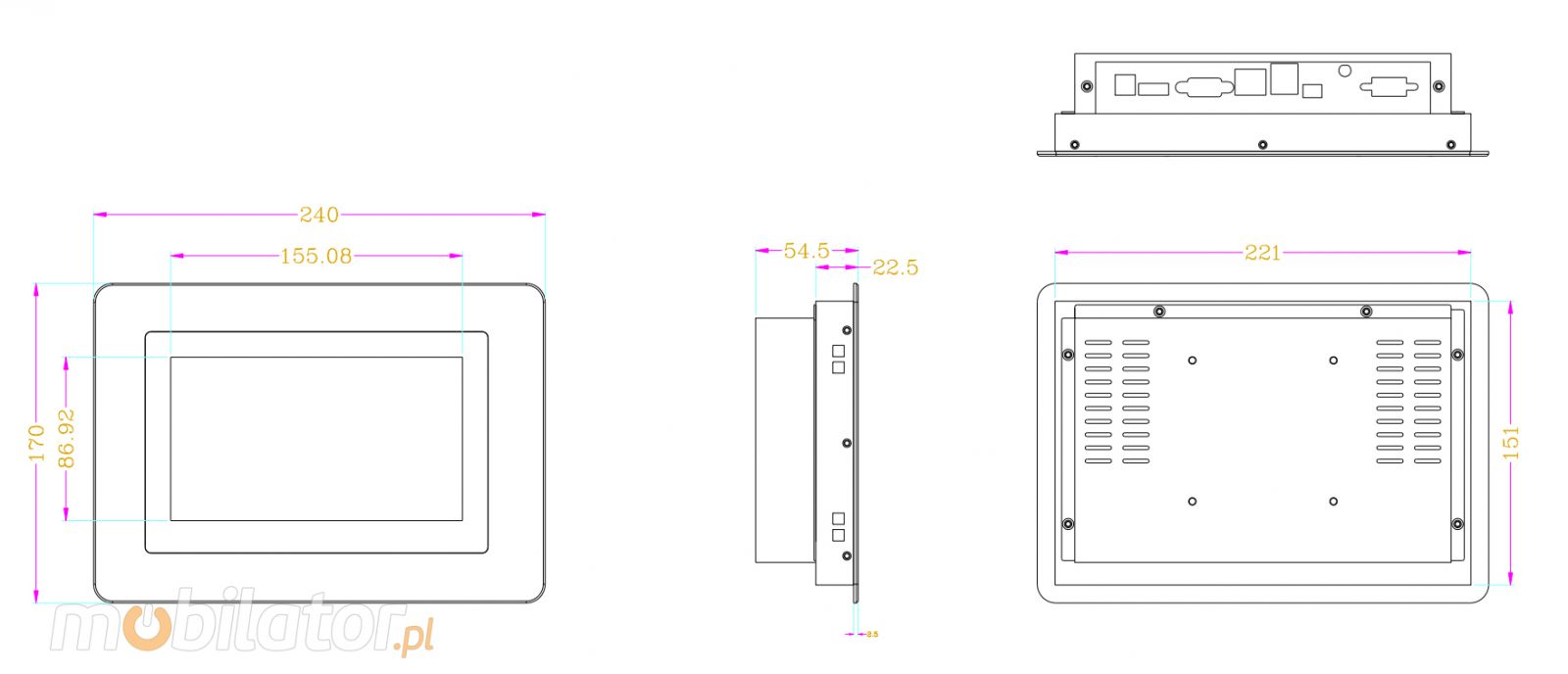 MobiTouch 7RK4 - wzmocniony bezwentylatorowy Panel komputerowy 7-mio calowy z systemem Android 7.1, norm IP65 na front obudowy, zcza: COM*1, HDMI*1, USB*2, 1*RJ45, DC12V, Audio*1, SD