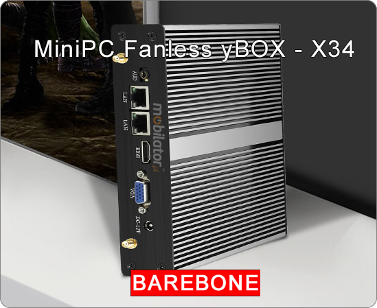 miniPC yBOX X34 (2x LAN, 2x COM) - wzmocniony mini komputer przemysowy z chodzeniem pasywnym do sterowania procesami produkcyjnymi pasywny vga intel mobilator wzmocniony szybki lan rj45