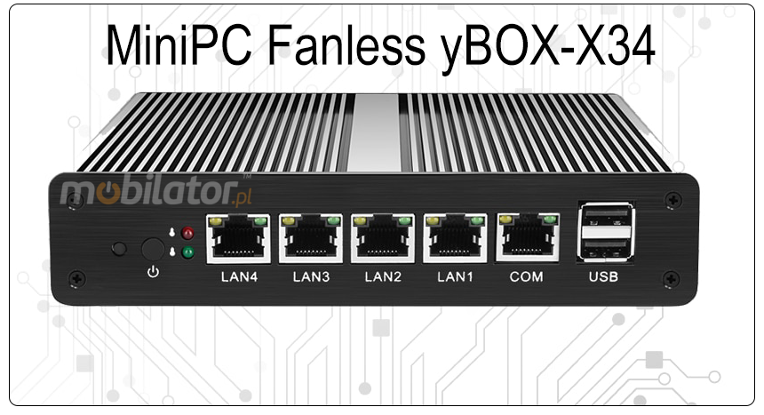 Wzmocniony Bezwentylatorowy Komputer Przemysowy z 4-ema kartami sieciowymi LAN - MiniPC yBOX-X34 - J1800 vga intel mobilator wzmocniony szybki 4x lan rj45