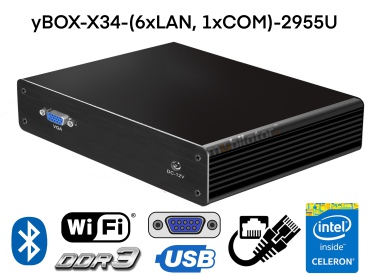 MiniPC yBOX-X34-(6xLAN, 1xCOM)-2955U v.4 - odporny (mae rozmiary) komputer przemysowy bezwentylatorowy z procesorem Intel Celeron 2955U, 8GB RAM i WiFi